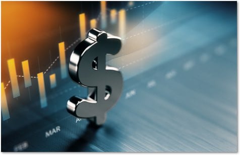 Silver 3D dollar symbol standing in front of a glowing bar chart